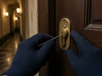 Manos con guantes abriendo el bombín de una puerta de piso en un pasillo de vecinos