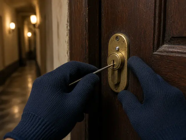 Manos con guantes abriendo el bombín de una puerta de piso en un pasillo de vecinos