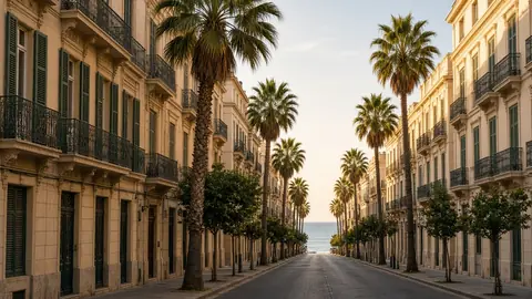 Calle con edificios color crema, contraventanas verdes y palmeras que baja hacia el mar en Málaga