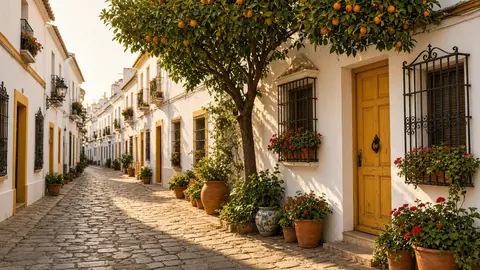 Calle encalada de casco antiguo con puertas de marco amarillo, rejas y un naranjo en Sevilla