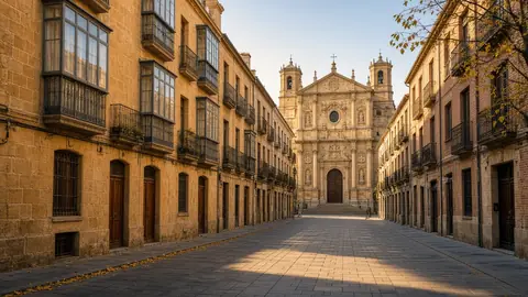 Calle peatonal de edificios de piedra con miradores y una fachada de iglesia al fondo en Valladolid