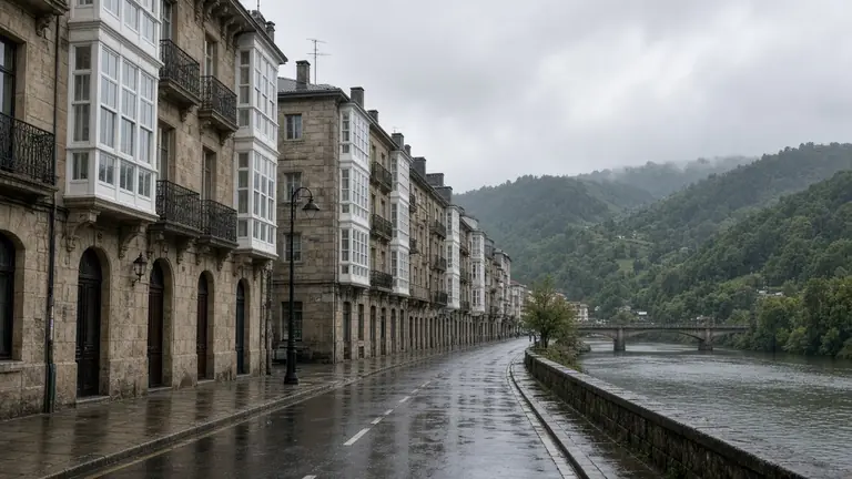 Calle junto a la ría con edificios de piedra y miradores blancos bajo la lluvia en Bilbao