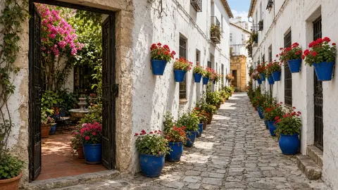 Callejón encalado con macetas azules y un patio con flores en Córdoba