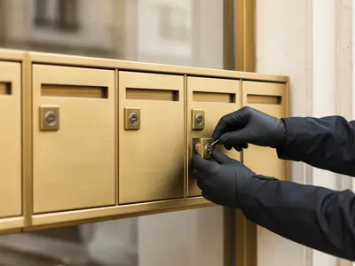 Manos con guantes cambiando la cerradura de un buzón dorado en el portal de un edificio