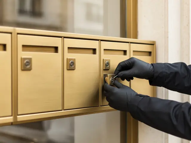 Manos con guantes cambiando la cerradura de un buzón dorado en el portal de un edificio