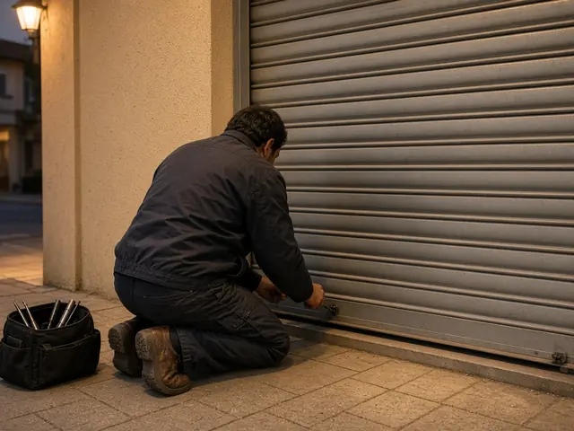 Cerrajero arrodillado ante la cerradura inferior de un cierre metálico gris al anochecer