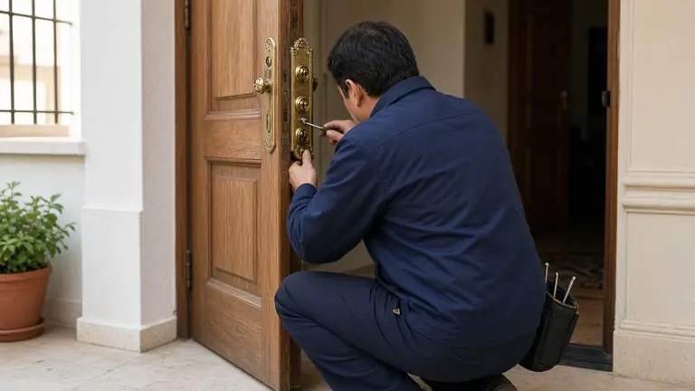 Cerrajero arrodillado abriendo la puerta de madera de un piso en un rellano luminoso