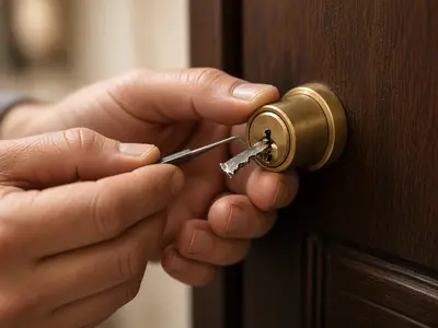 Extracción de una llave partida dentro de un bombín dorado en una puerta de madera oscura