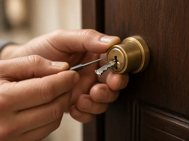 Extracción de una llave partida dentro de un bombín dorado en una puerta de madera oscura