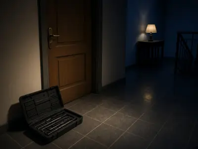 Maletín de herramientas junto a la puerta de un piso de noche