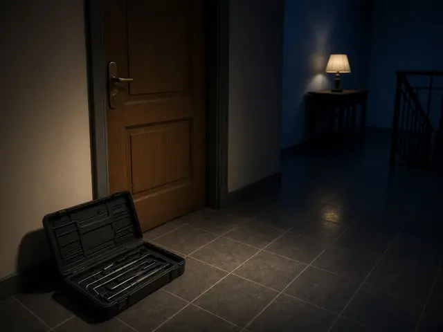Maletín de herramientas junto a la puerta de un piso de noche