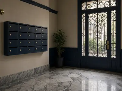 Portal de comunidad con buzones y puerta de hierro y cristal